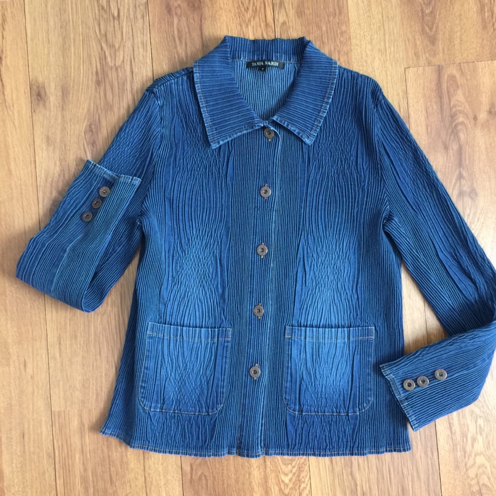 Tania Nardi Crinkle Denim-Look Distressed Blouse